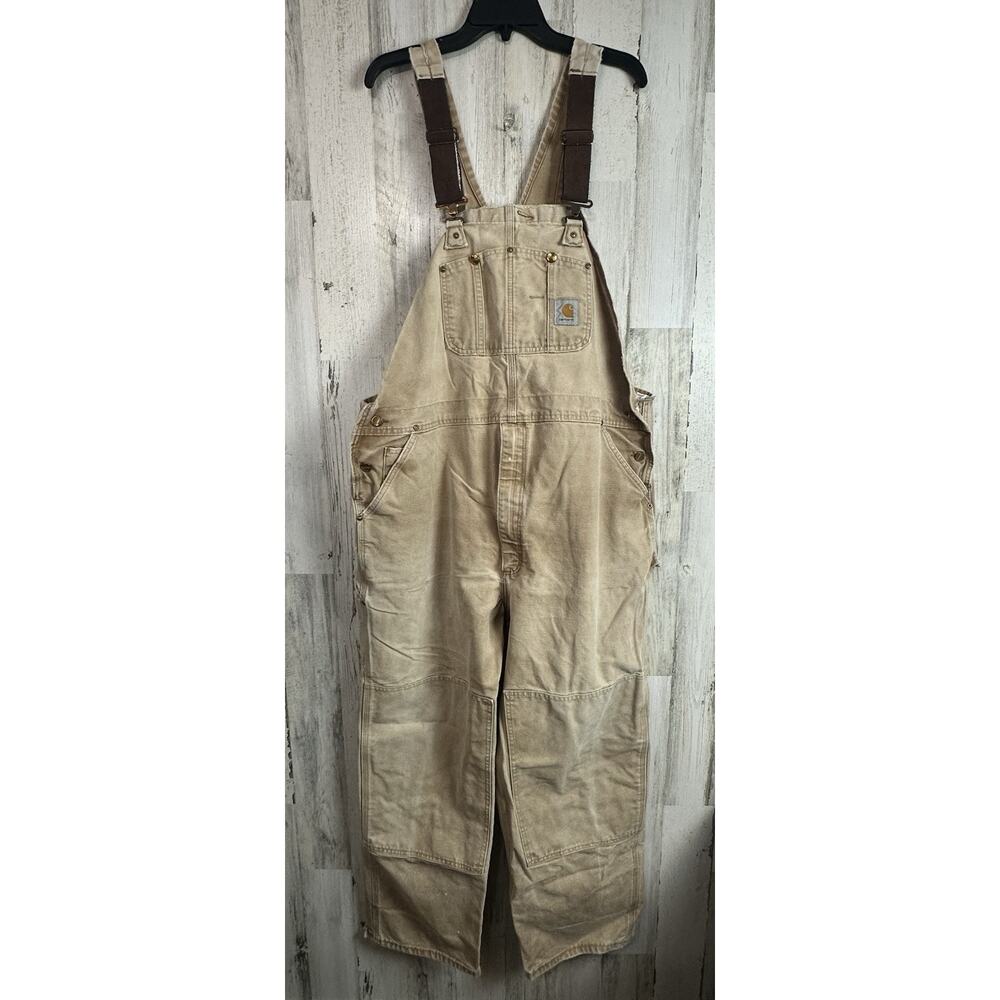 VTG Carhartt Bib Overalls Men 46x29 Faded Double Knee Union Made Distress Canvas